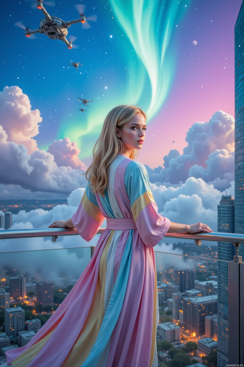 A woman in a colorful dress stands on a balcony overlooking a cityscape with drones flying and a vibrant sky.