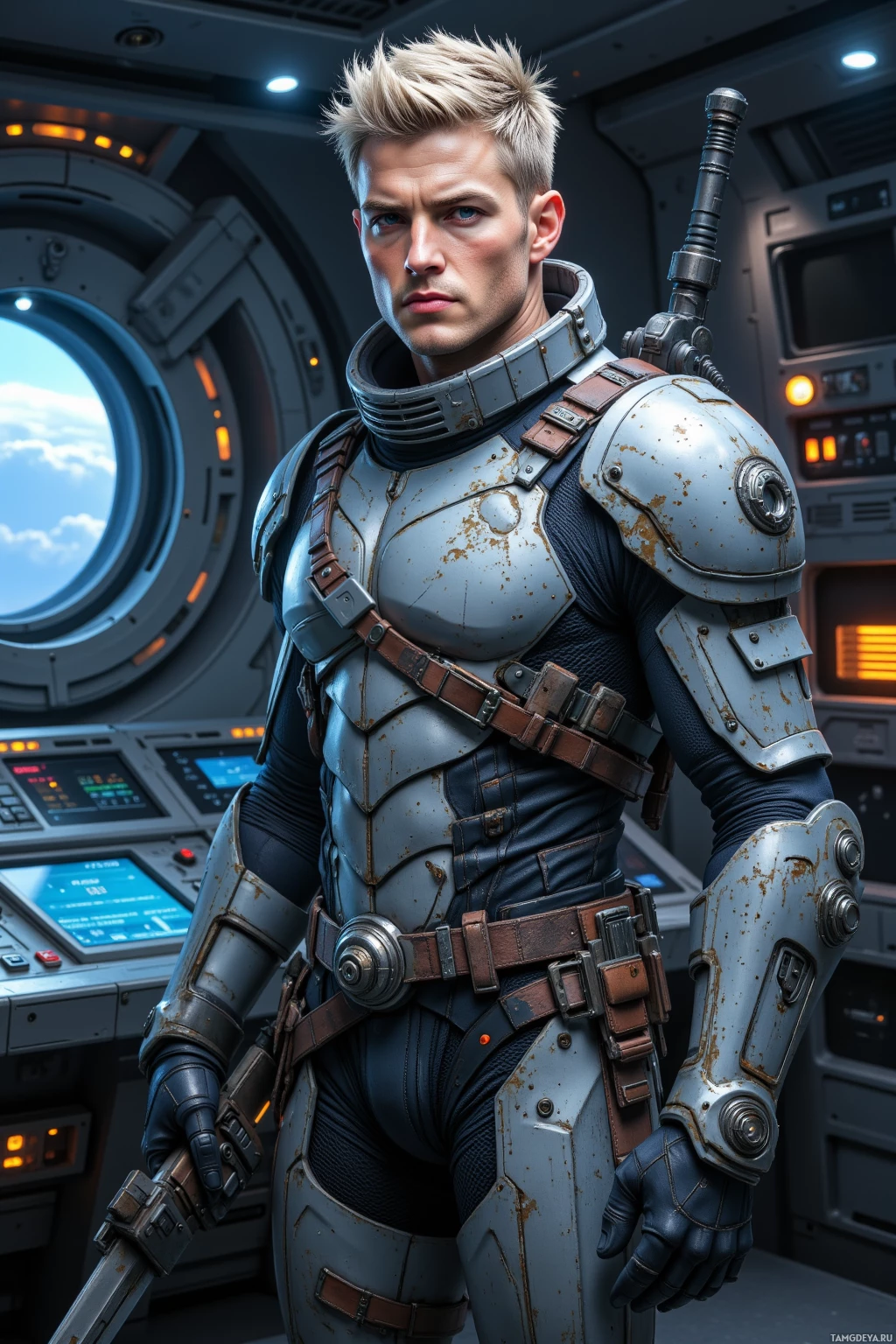 A futuristic armored figure stands in a spacecraft interior.