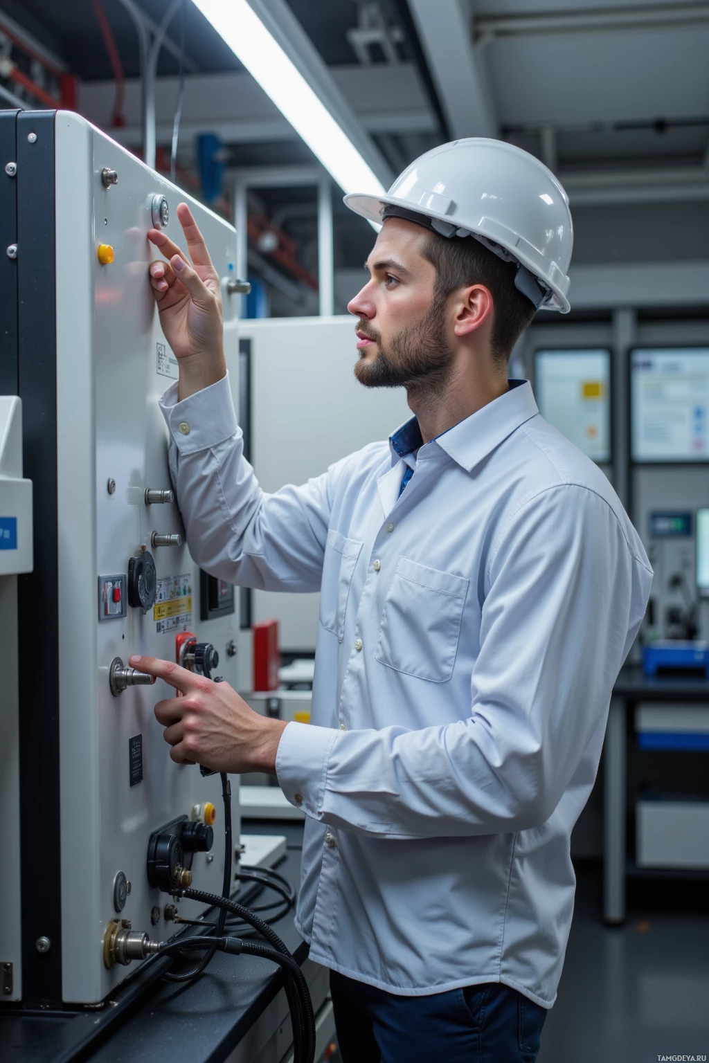A man in a white lab coat and hard hat is operating a control panel in an industrial setting.