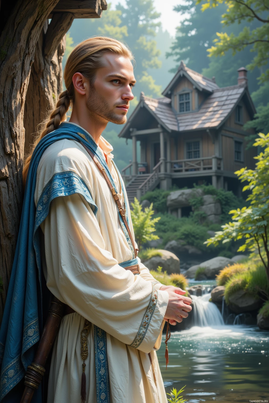 A man in a traditional outfit stands by a tree, gazing at a house and waterfall in a serene, natural setting.