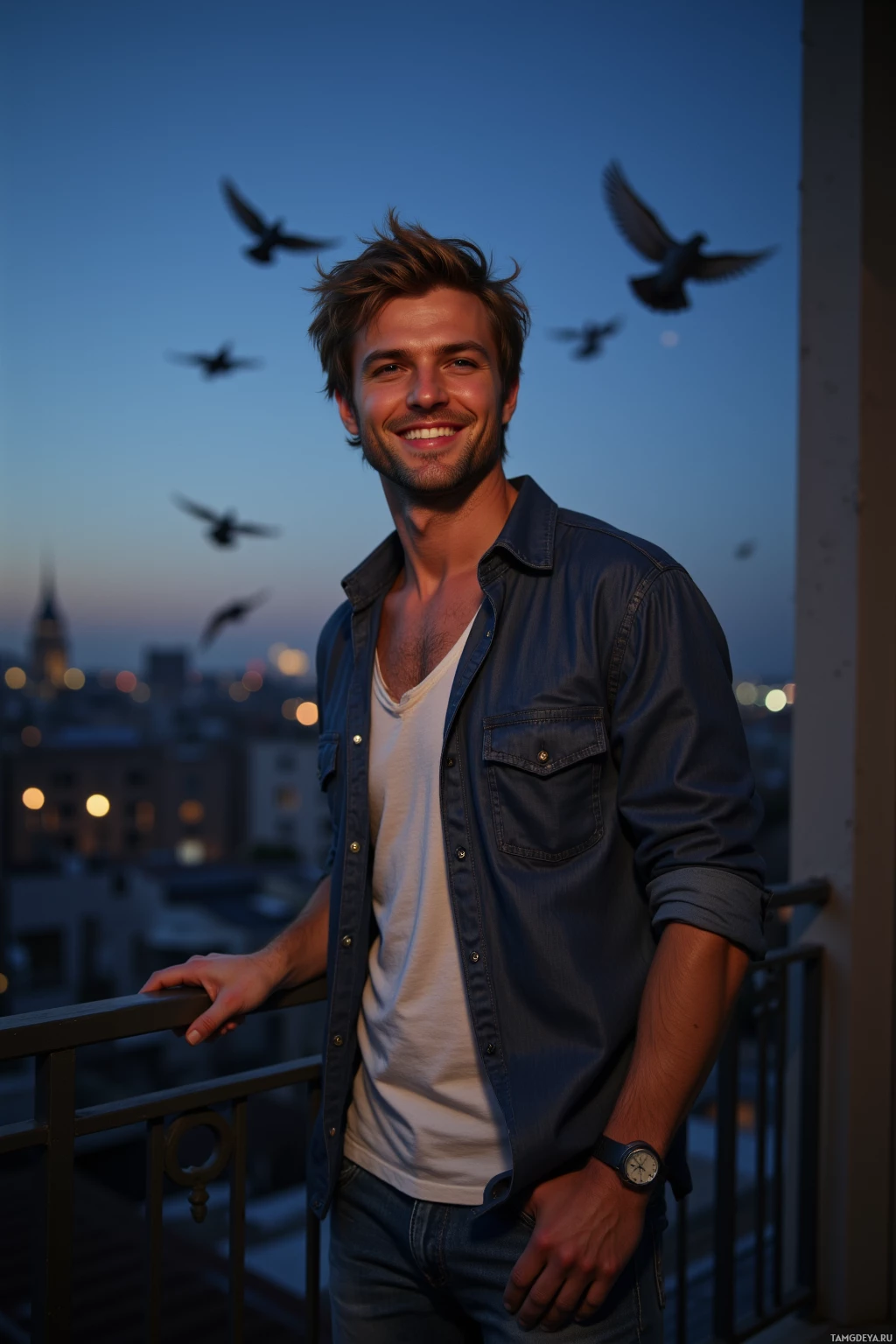 A man stands on a balcony at dusk, smiling, with pigeons flying in the background.