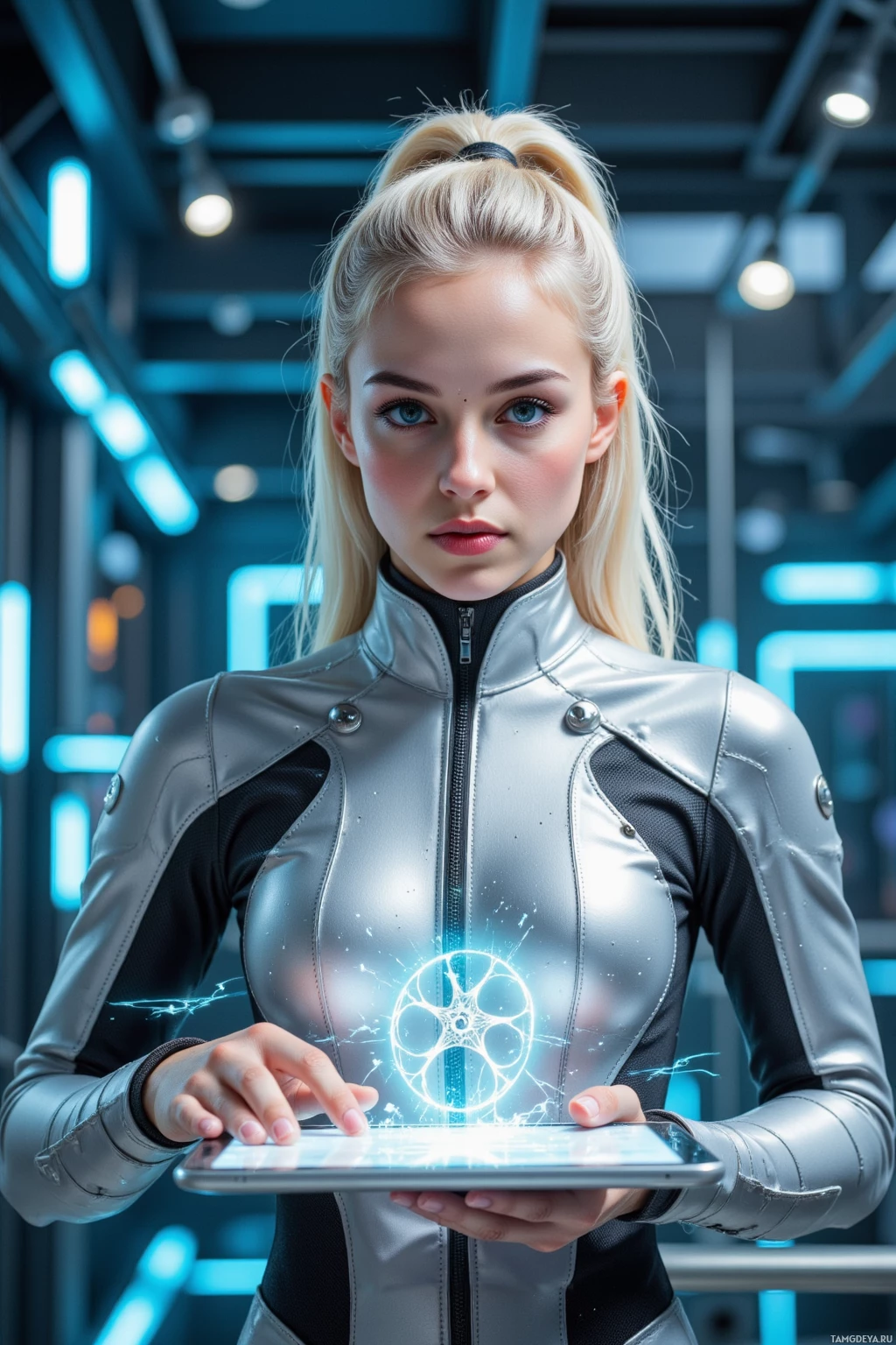 A person in a futuristic silver outfit holds a tablet displaying a glowing, circular hologram.