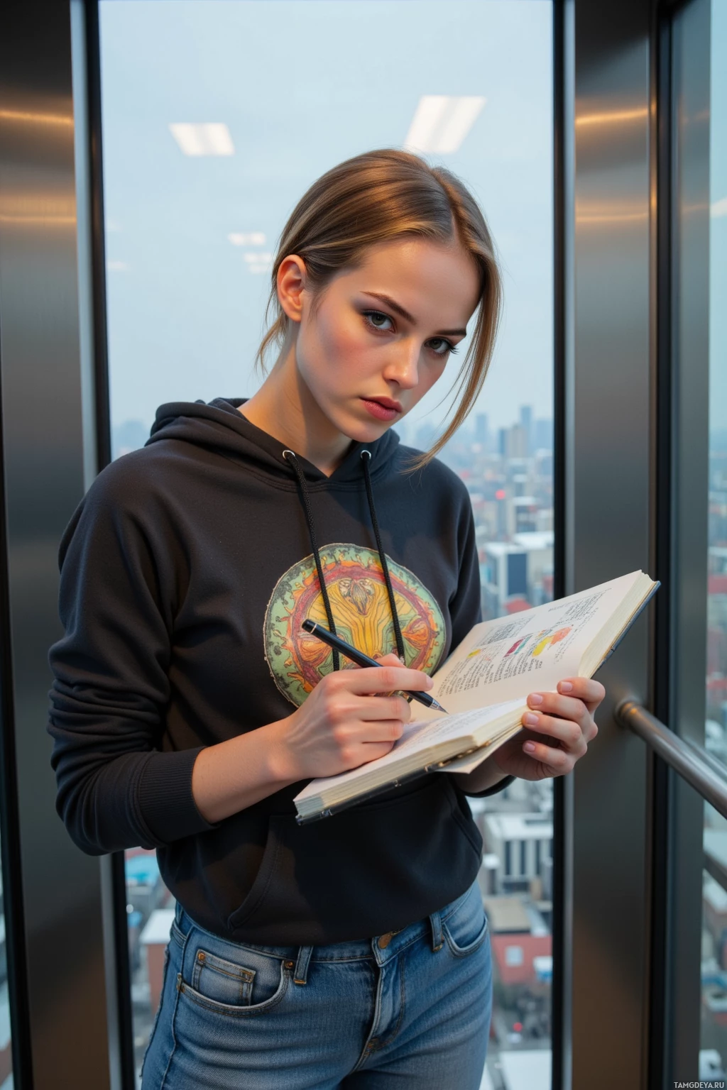 A person in a hoodie and jeans stands by a window, holding a book and pen.