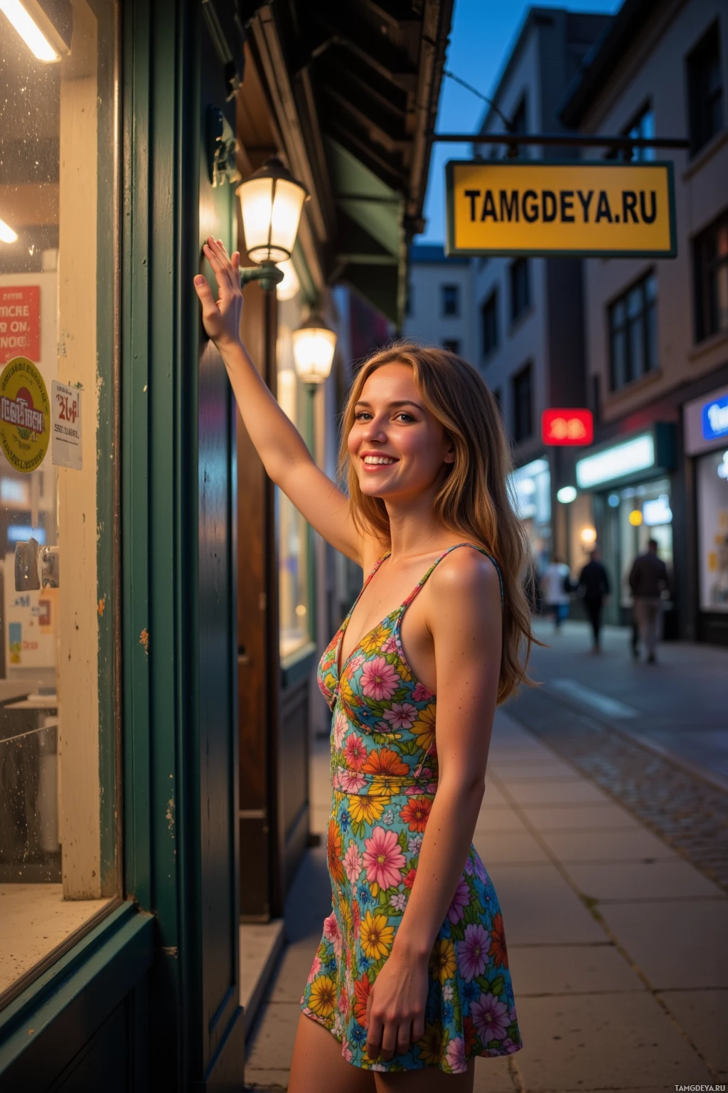 A woman in a floral dress stands on a sidewalk, leaning against a building.