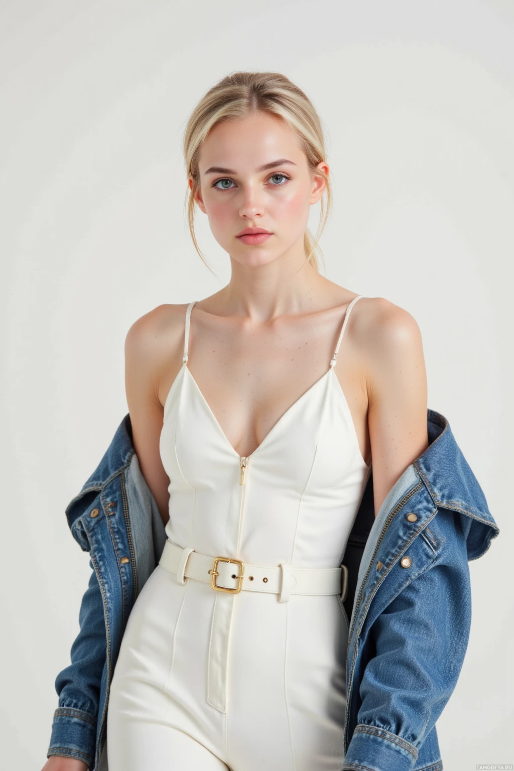 A woman in a white dress with a denim jacket draped over her shoulder.