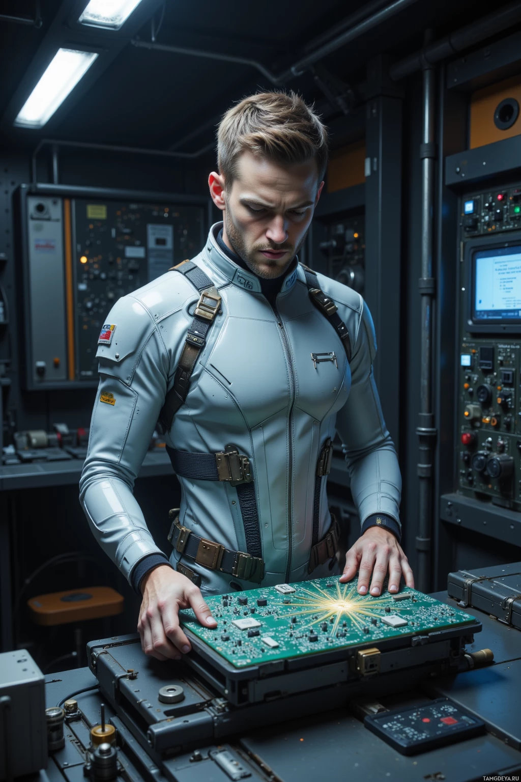 A person in a futuristic uniform stands in a control room, examining a glowing circuit board.