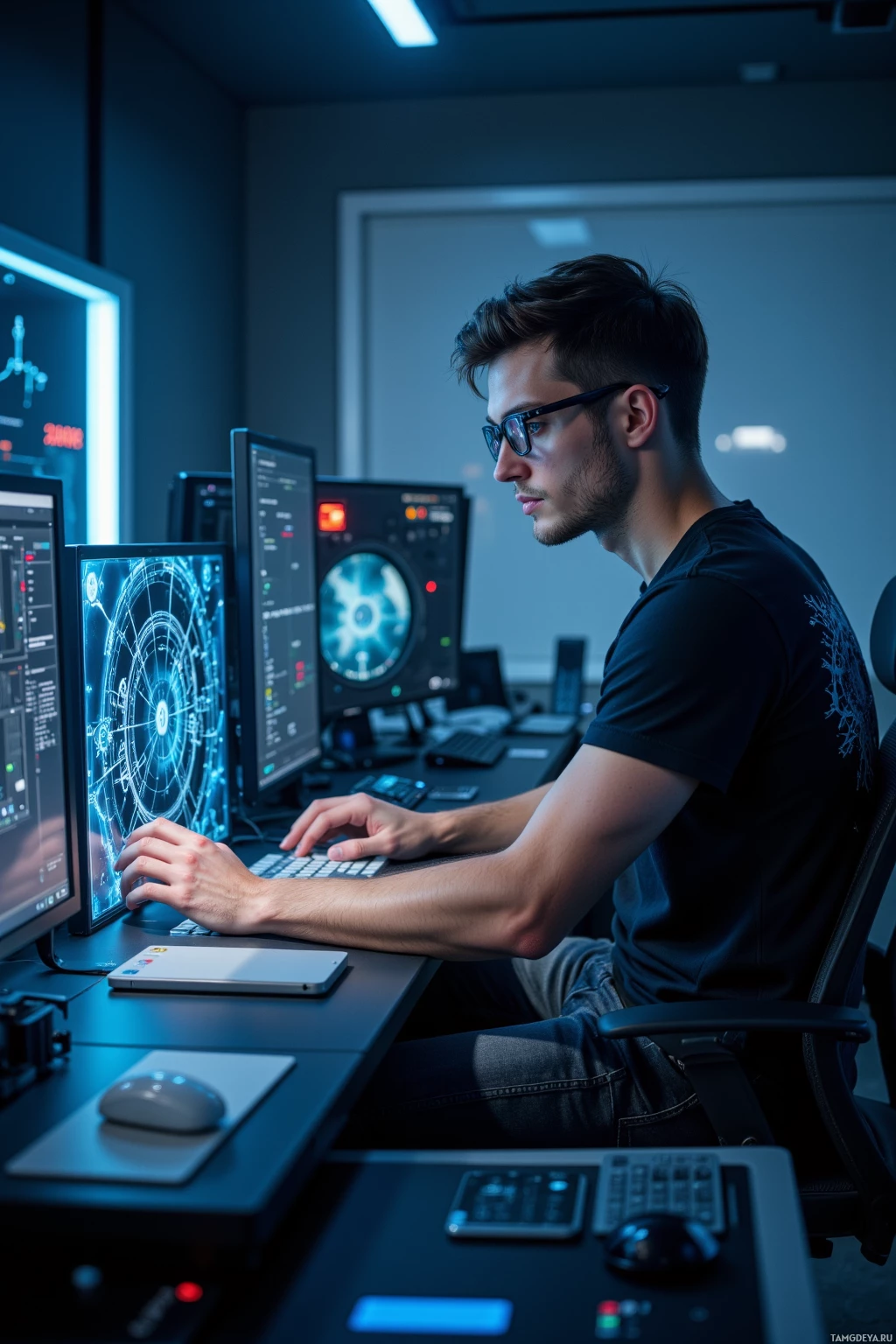 A person is working at a desk with multiple computer monitors displaying technical graphics.