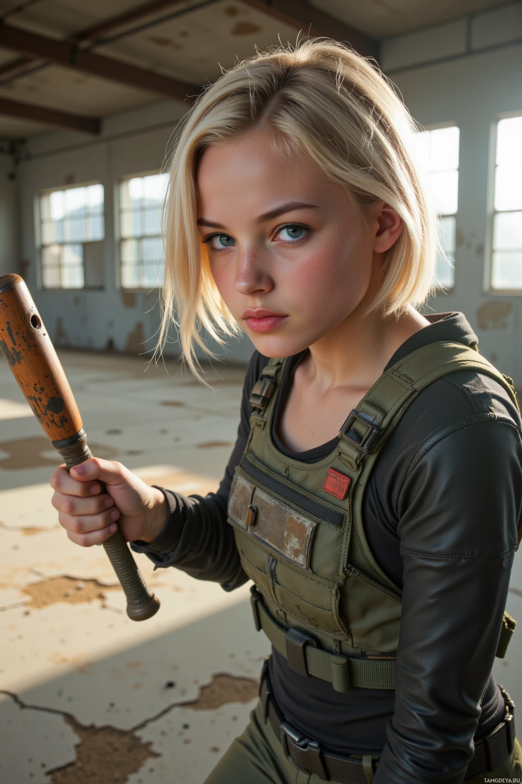 A person in tactical gear holds a bat in a sunlit, dilapidated room.