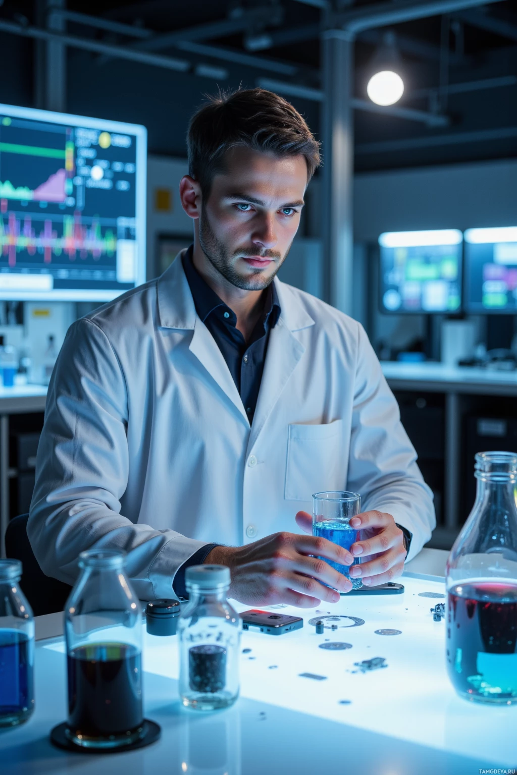 A scientist in a lab coat examines a glass containing blue liquid.