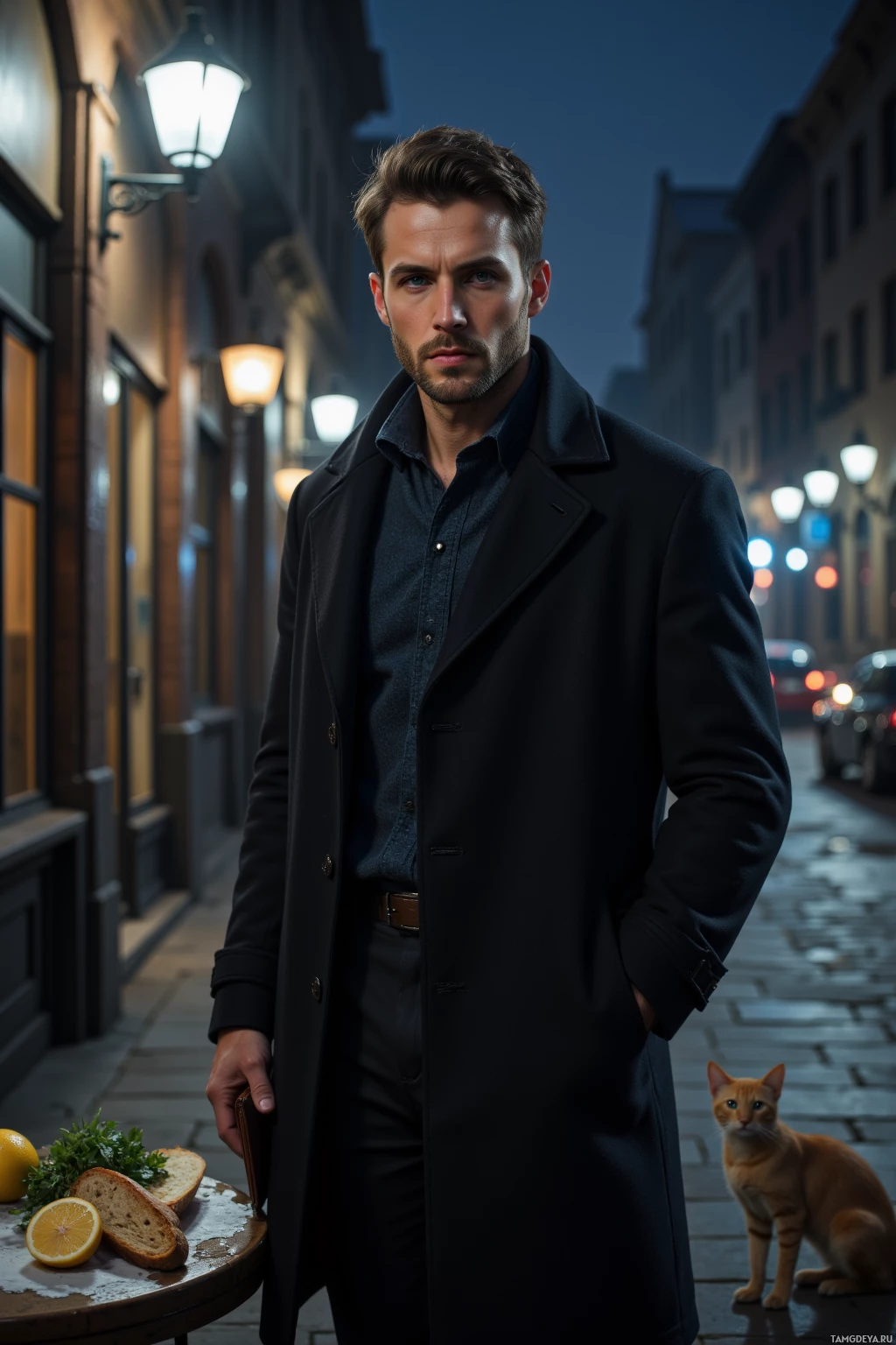A man in a dark coat stands on a dimly lit street at night, with a cat and a table with bread and lemon in the foreground.