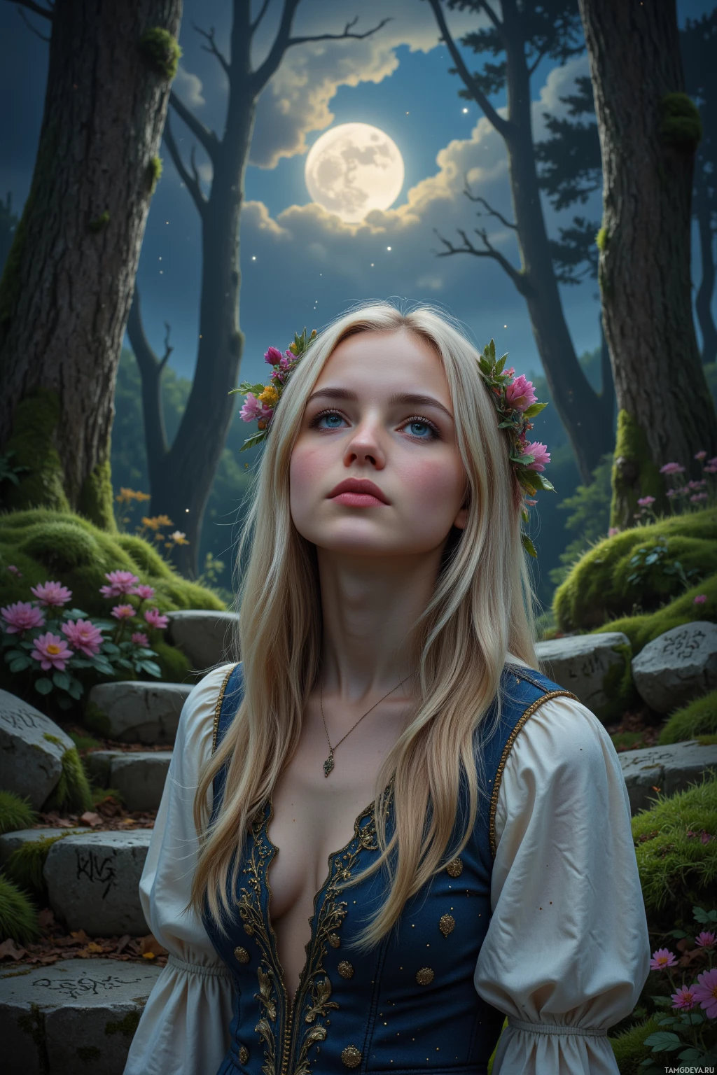 A woman with long blonde hair and a floral crown stands in a moonlit forest.