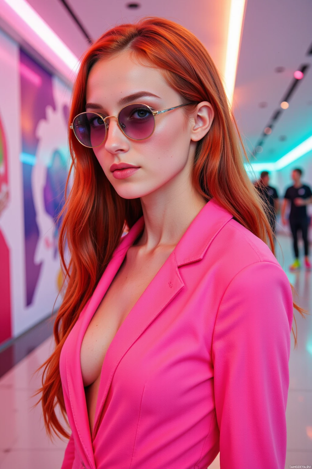 A woman with long red hair wearing a bright pink blazer and sunglasses stands in a brightly lit hallway.
