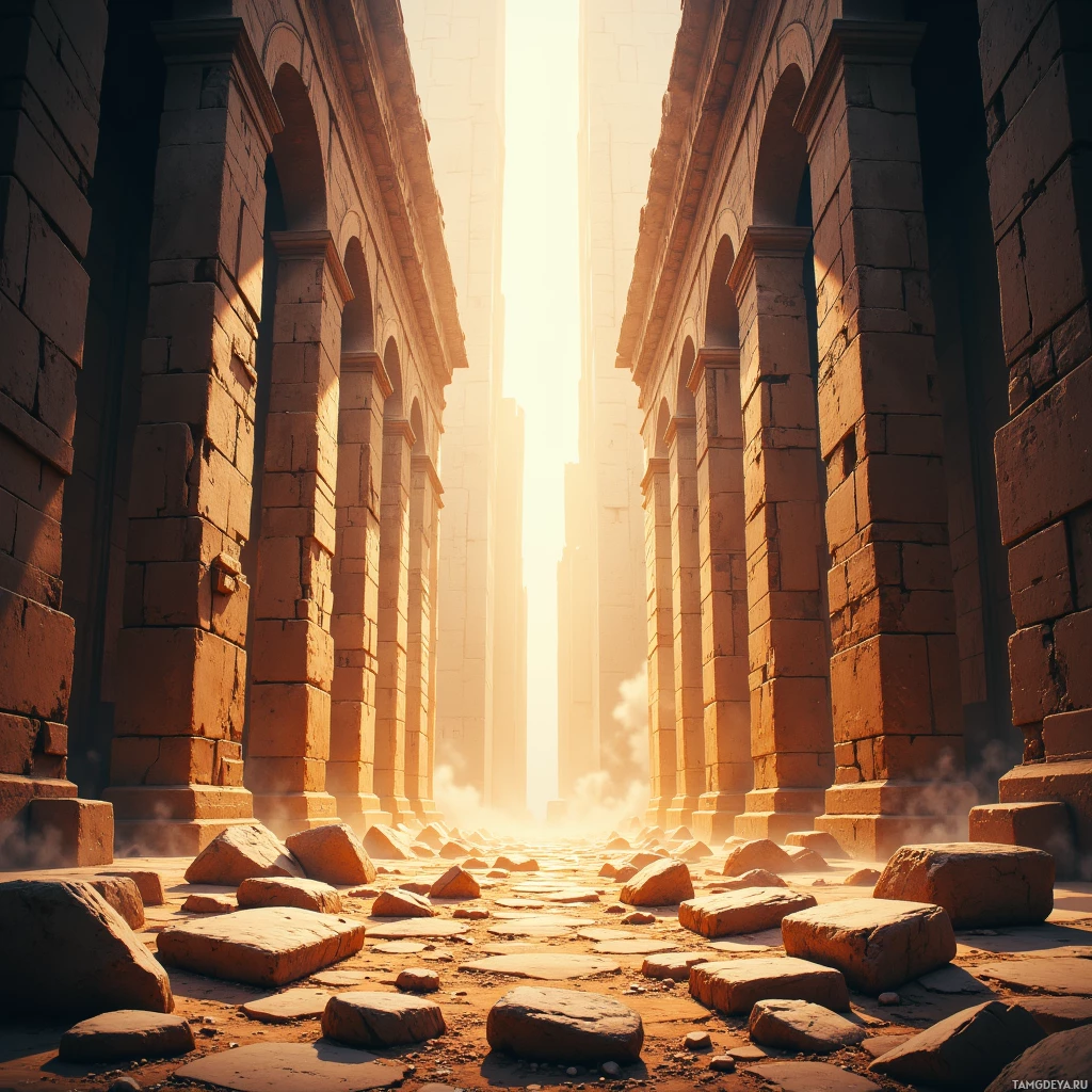A sunlit ancient ruin with stone columns and a path of stones leading towards a bright light at the end.