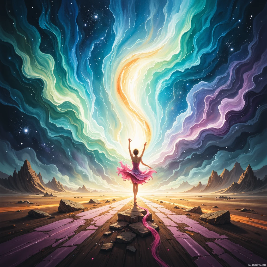 A ballerina in a pink tutu stands on a cracked path, reaching towards a vibrant, cosmic sky.