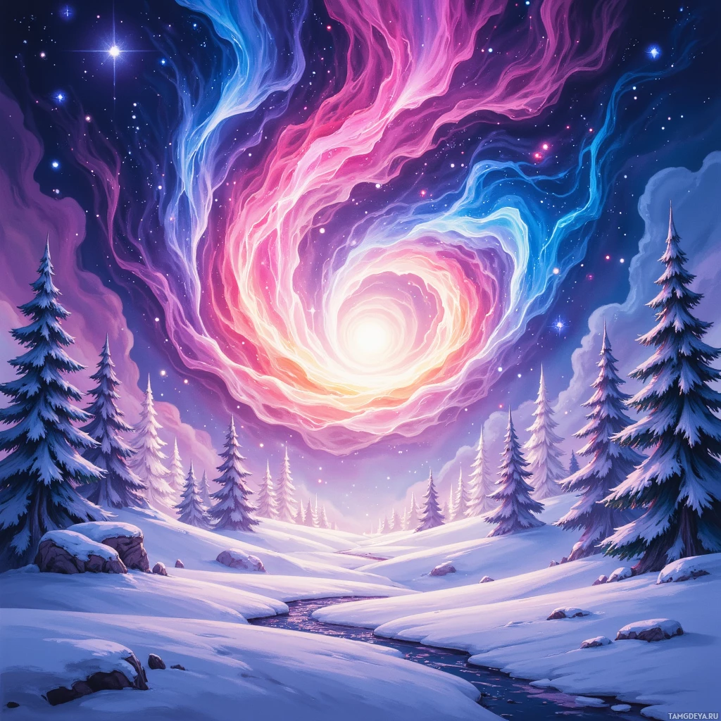 A serene winter landscape with snow-covered trees and a vibrant, swirling galaxy in the sky.
