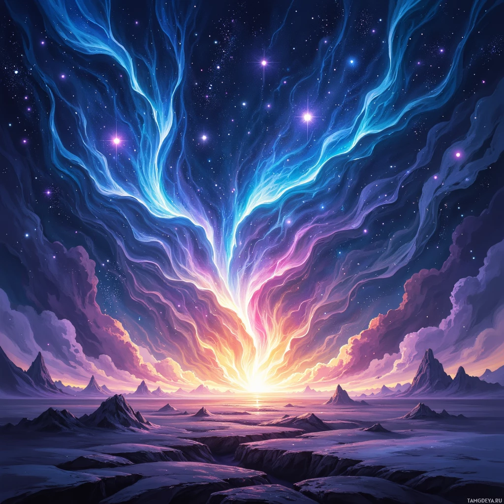 A vibrant cosmic landscape featuring a starry sky, glowing nebulae, and rugged mountainous terrain.