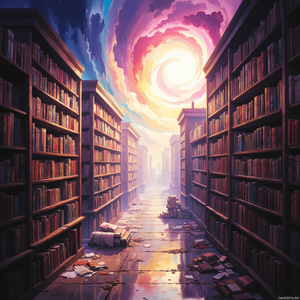 A library with towering bookshelves and a vibrant sky in the background.