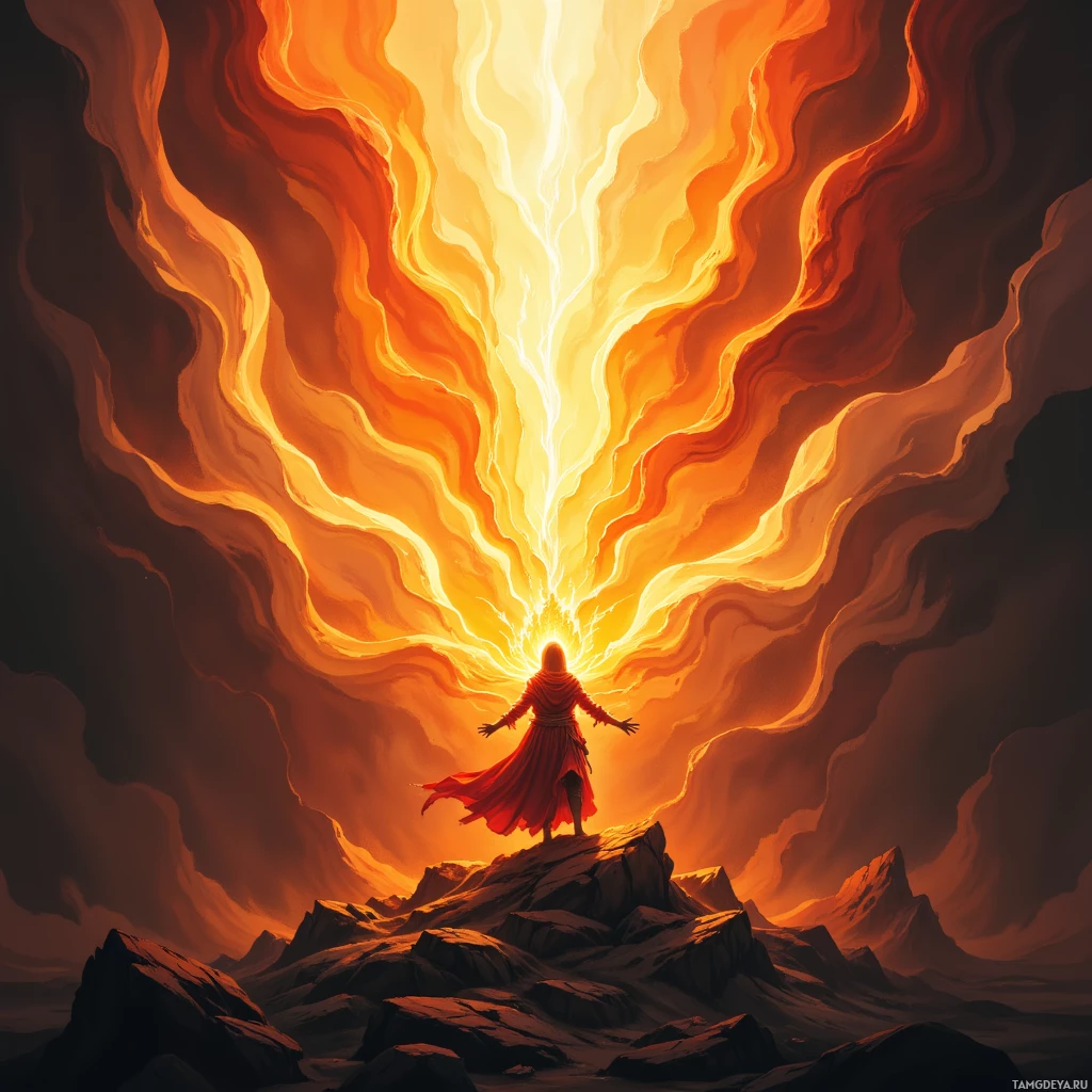 A figure stands on a rocky peak, arms outstretched, beneath a radiant, fiery sky.