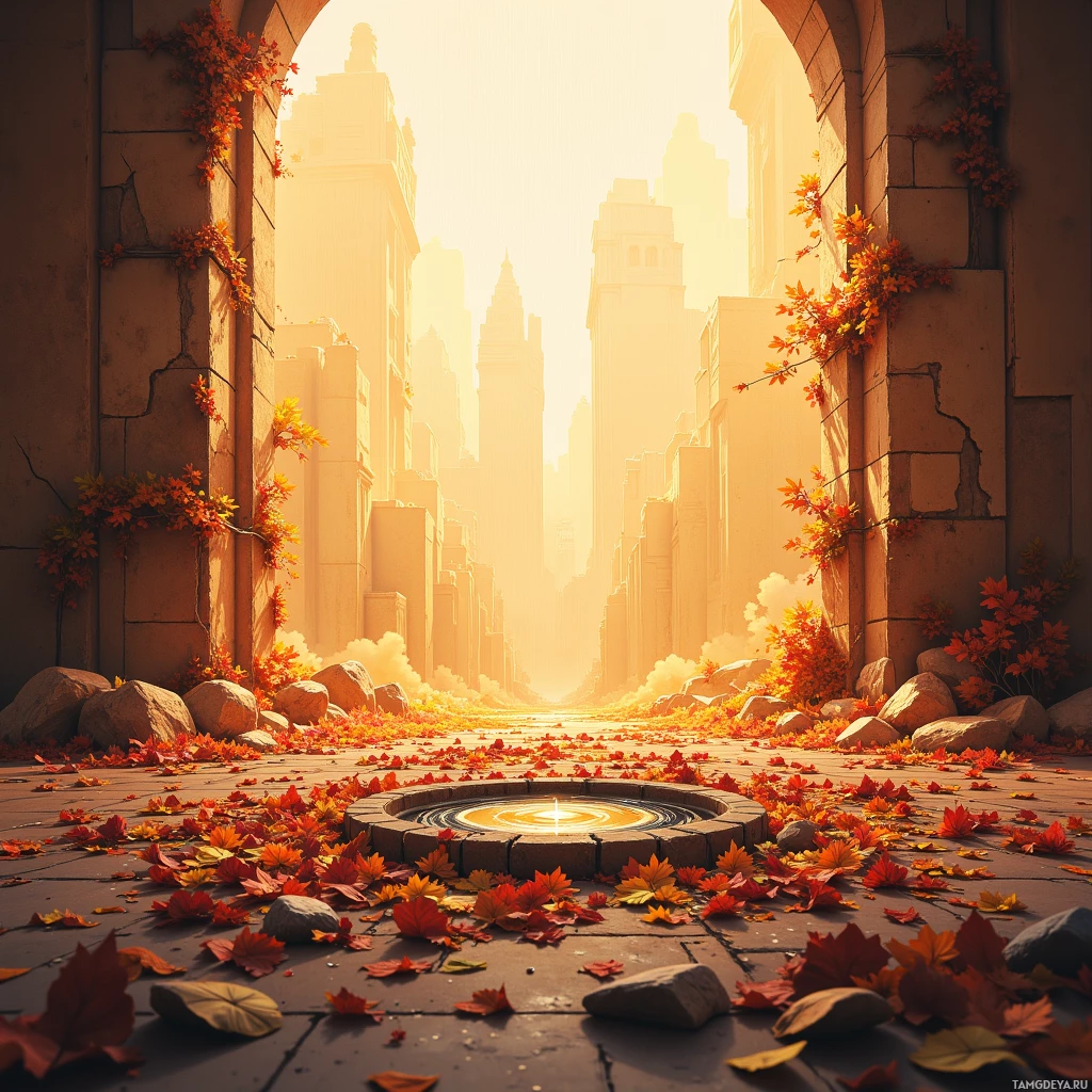 A sunlit, autumnal cityscape with fallen leaves and a central fountain.