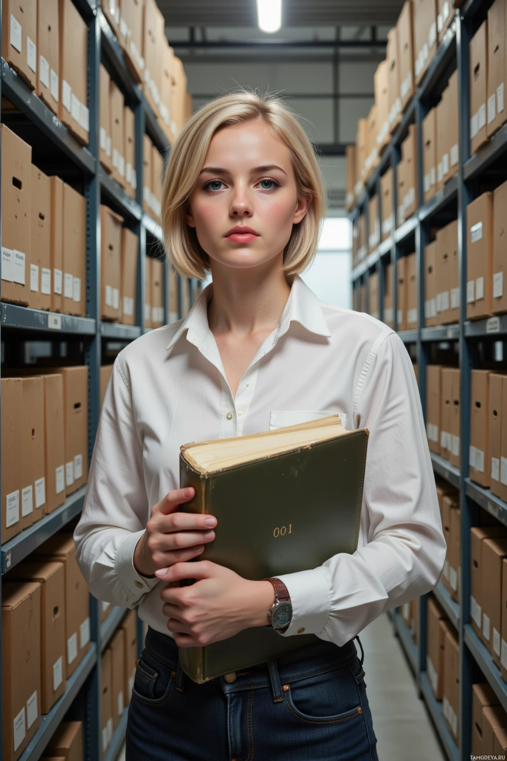 A person in a white shirt and jeans stands in a storage area holding a book.