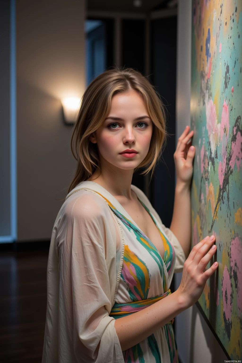 A woman in a floral dress leans against a colorful abstract painting in a dimly lit room.