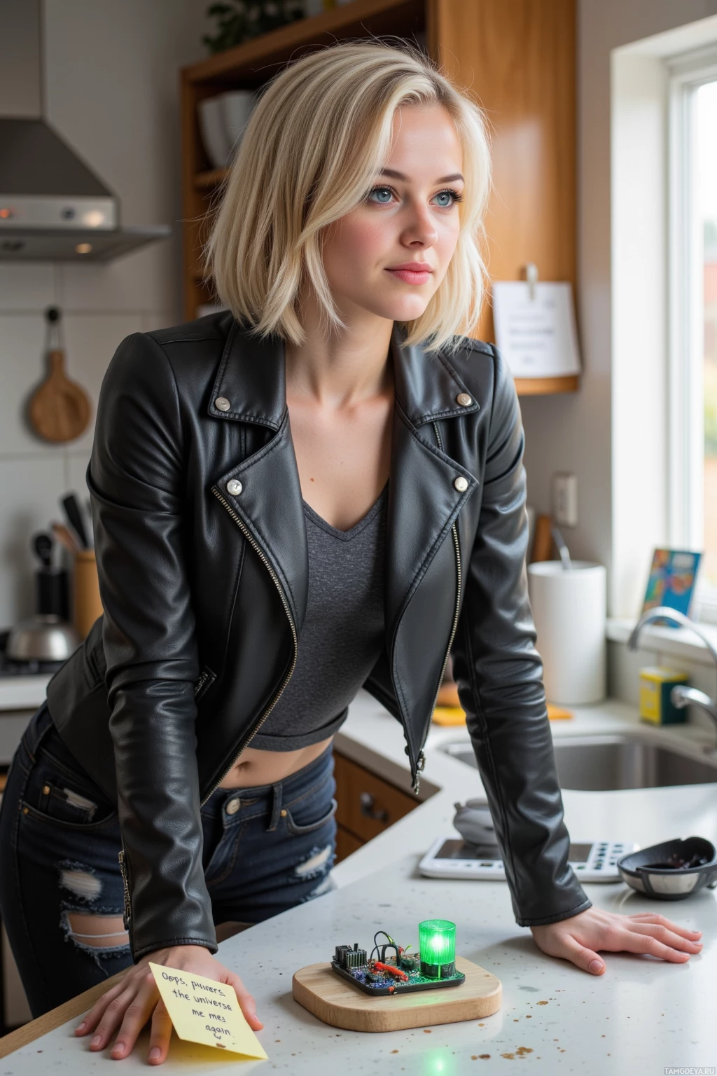 A woman in a leather jacket leans on a kitchen counter with a glowing circuit board and a sticky note.