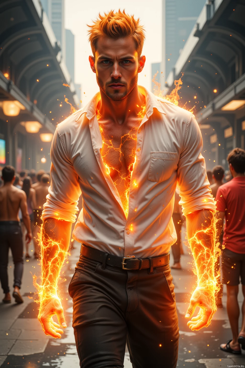 A man in a white shirt and black pants stands in a city alleyway with glowing, fiery energy emanating from his arms.