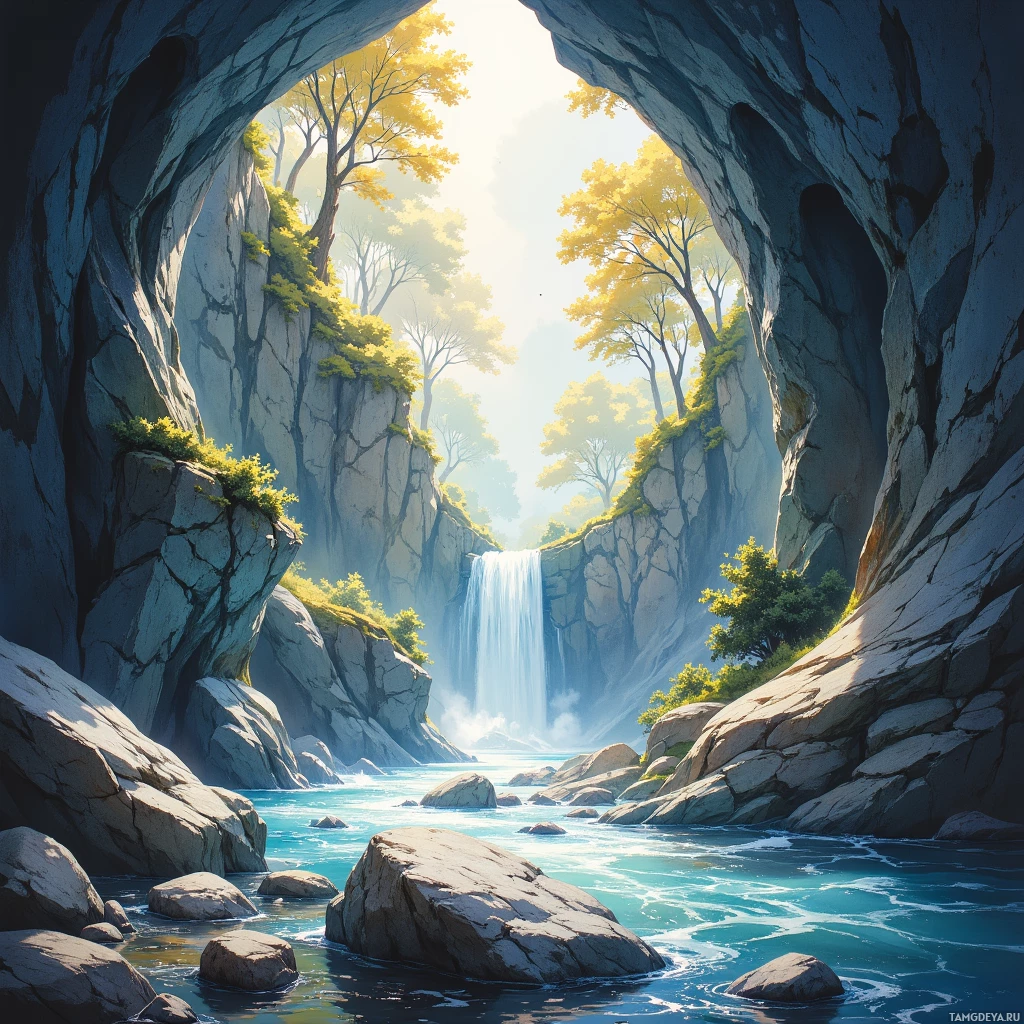 A serene landscape featuring a waterfall cascading into a tranquil river surrounded by rocky cliffs and lush greenery.