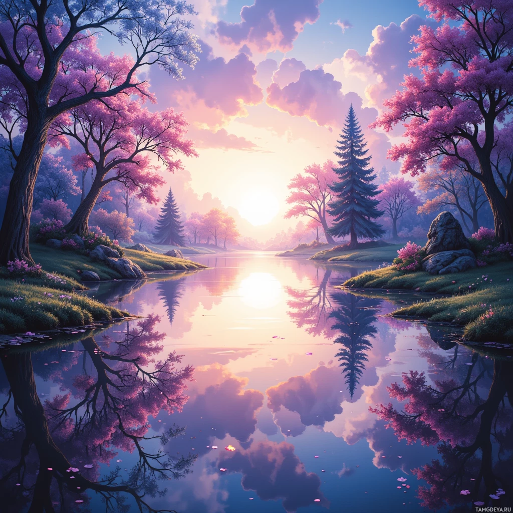 A serene landscape with pink blossoms, a calm river, and a vibrant sky reflecting in the water.