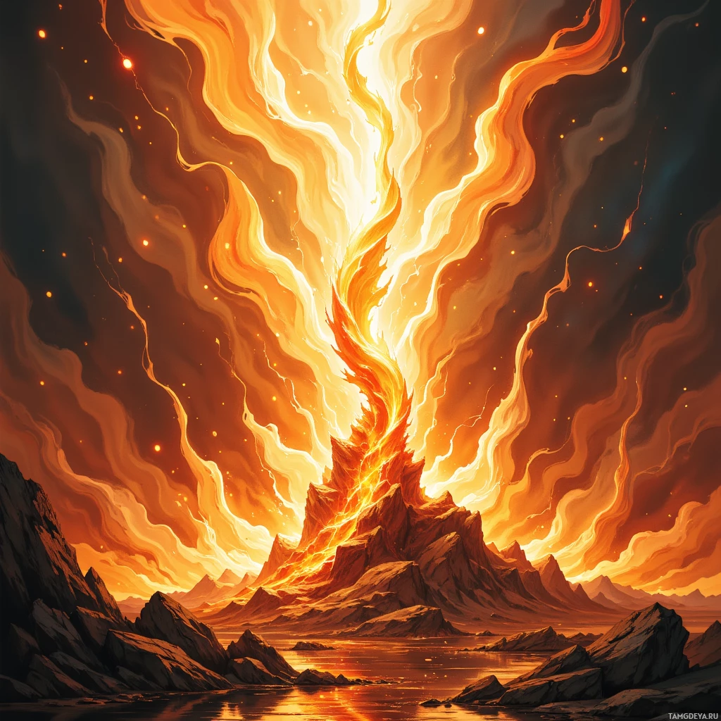 A fiery, dramatic landscape with swirling flames and rocky terrain.