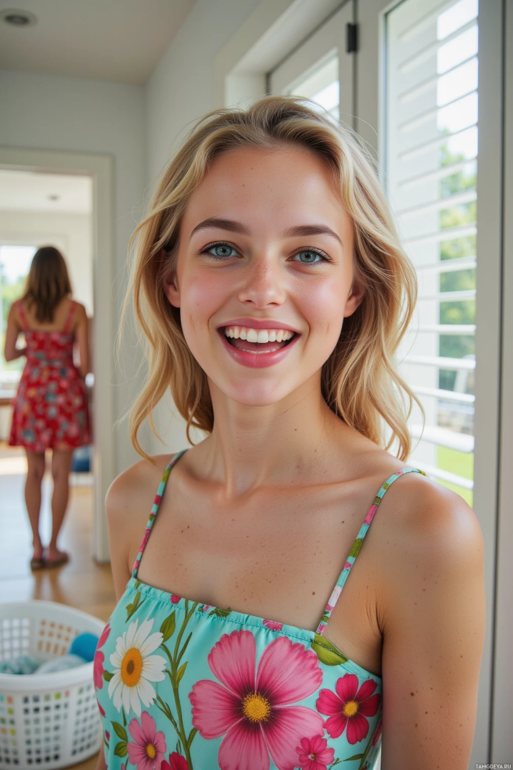 A young woman with blonde hair smiles in a brightly lit room.