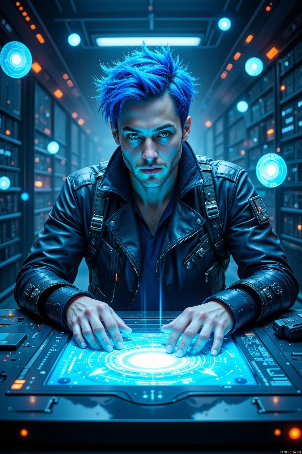 A person with blue hair in a futuristic setting, interacting with a glowing interface.