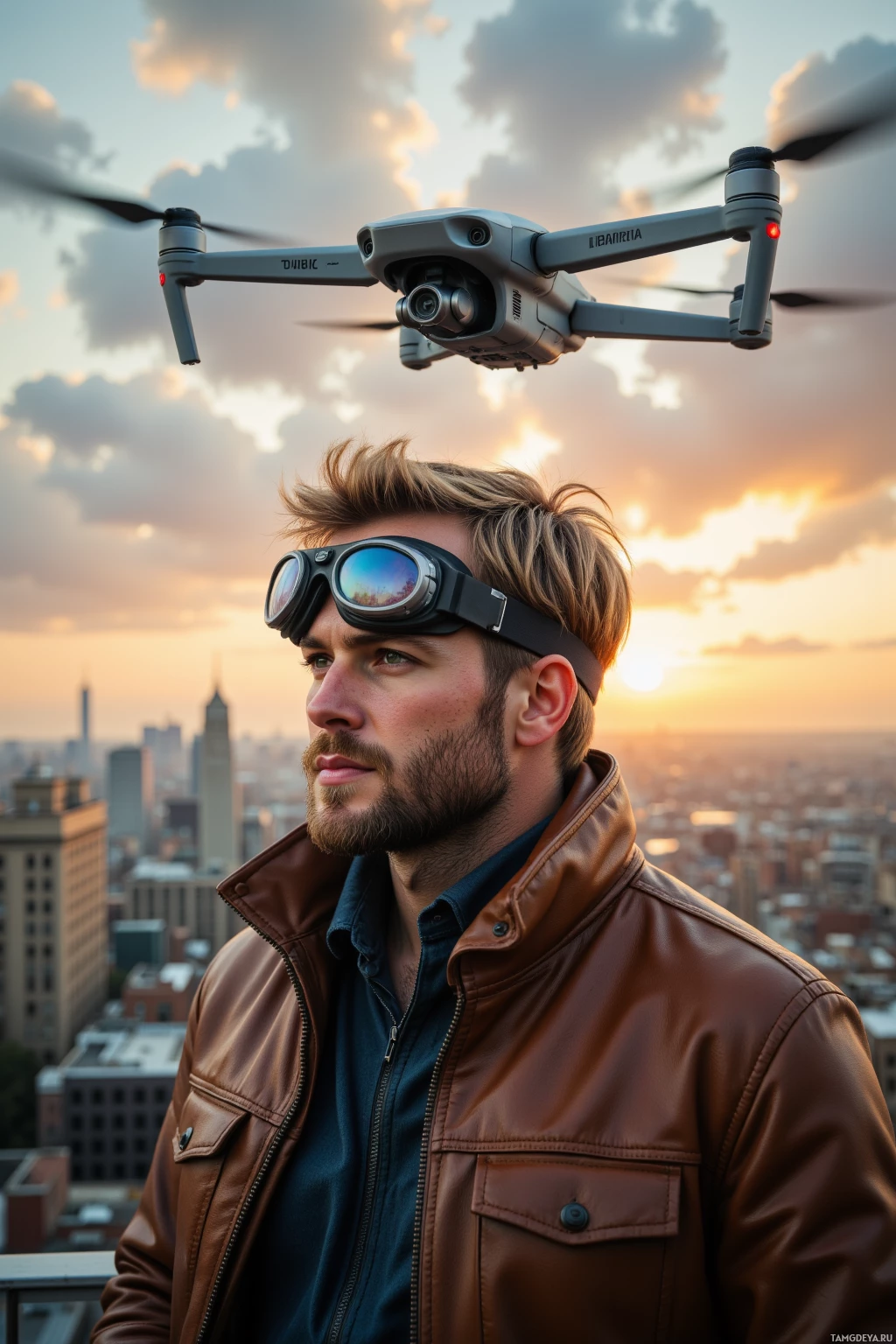 A man wearing aviator goggles and a leather jacket stands on a rooftop with a drone hovering above him.