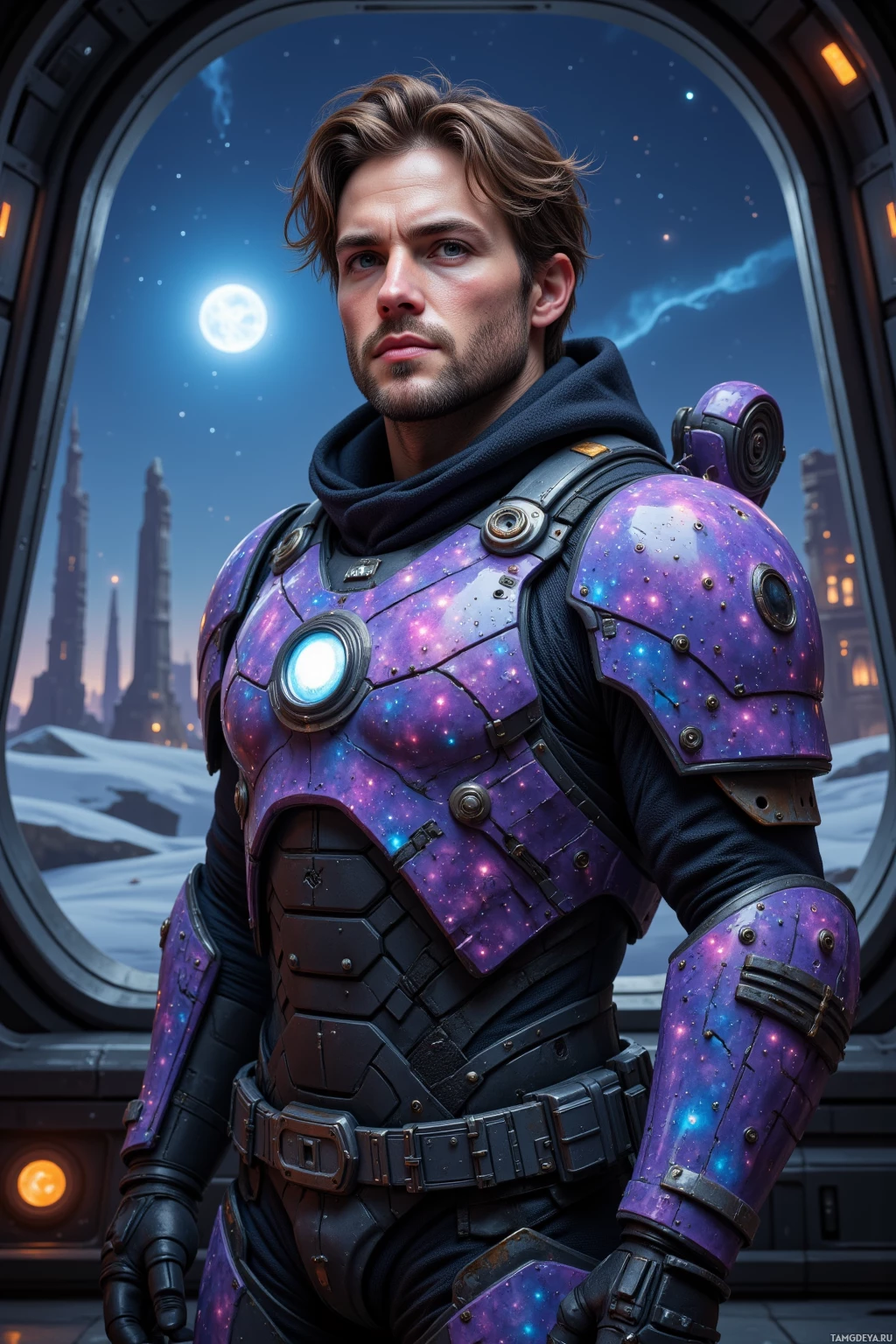 A person in futuristic armor stands in front of a window with a starry sky and distant structures.