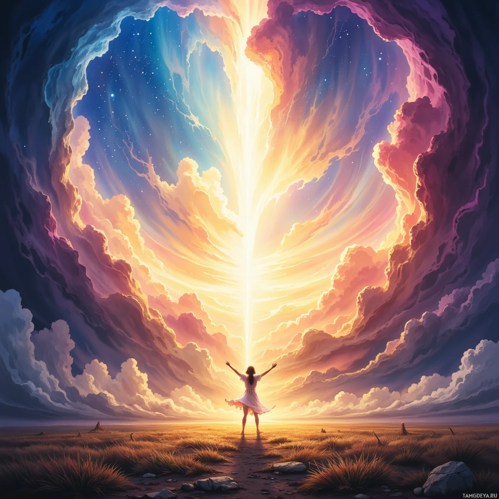 A person stands in a vast, open landscape under a radiant, heart-shaped sky.