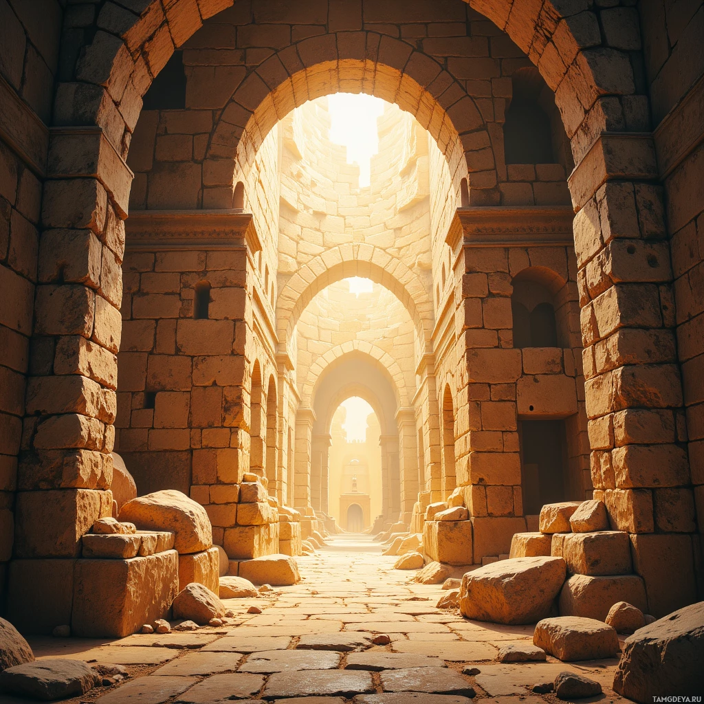 A sunlit ancient stone archway with light streaming through the opening.