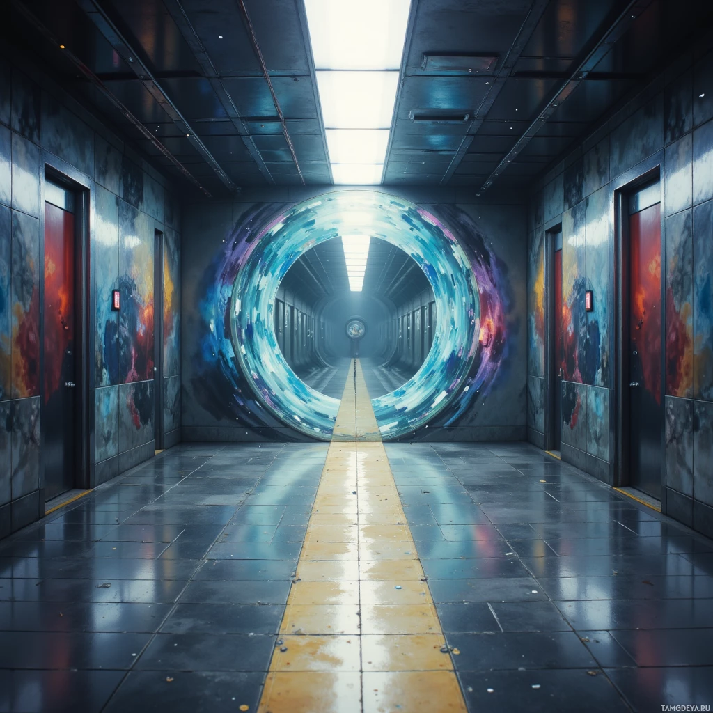 A futuristic corridor with a glowing circular portal at the end.