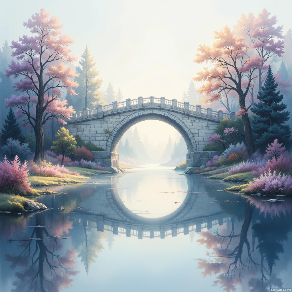A serene landscape featuring a stone bridge over a calm river, surrounded by trees with pink blossoms and misty atmosphere.