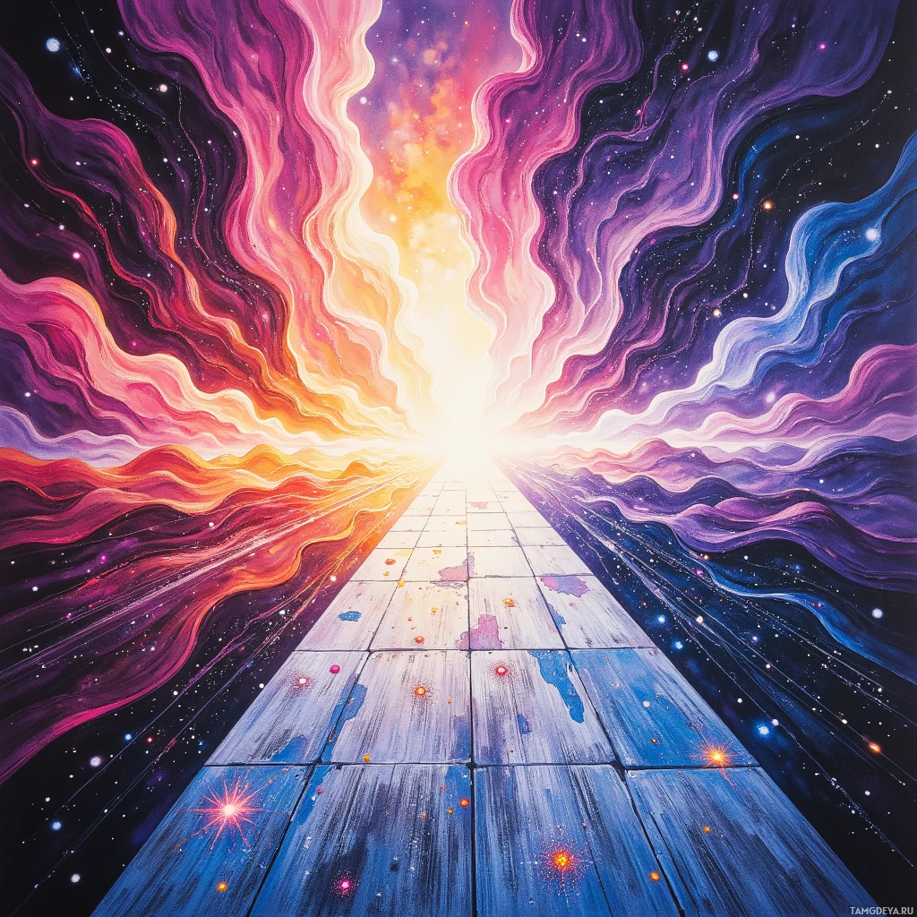 A vibrant cosmic scene with a glowing path leading towards a bright light at the horizon.