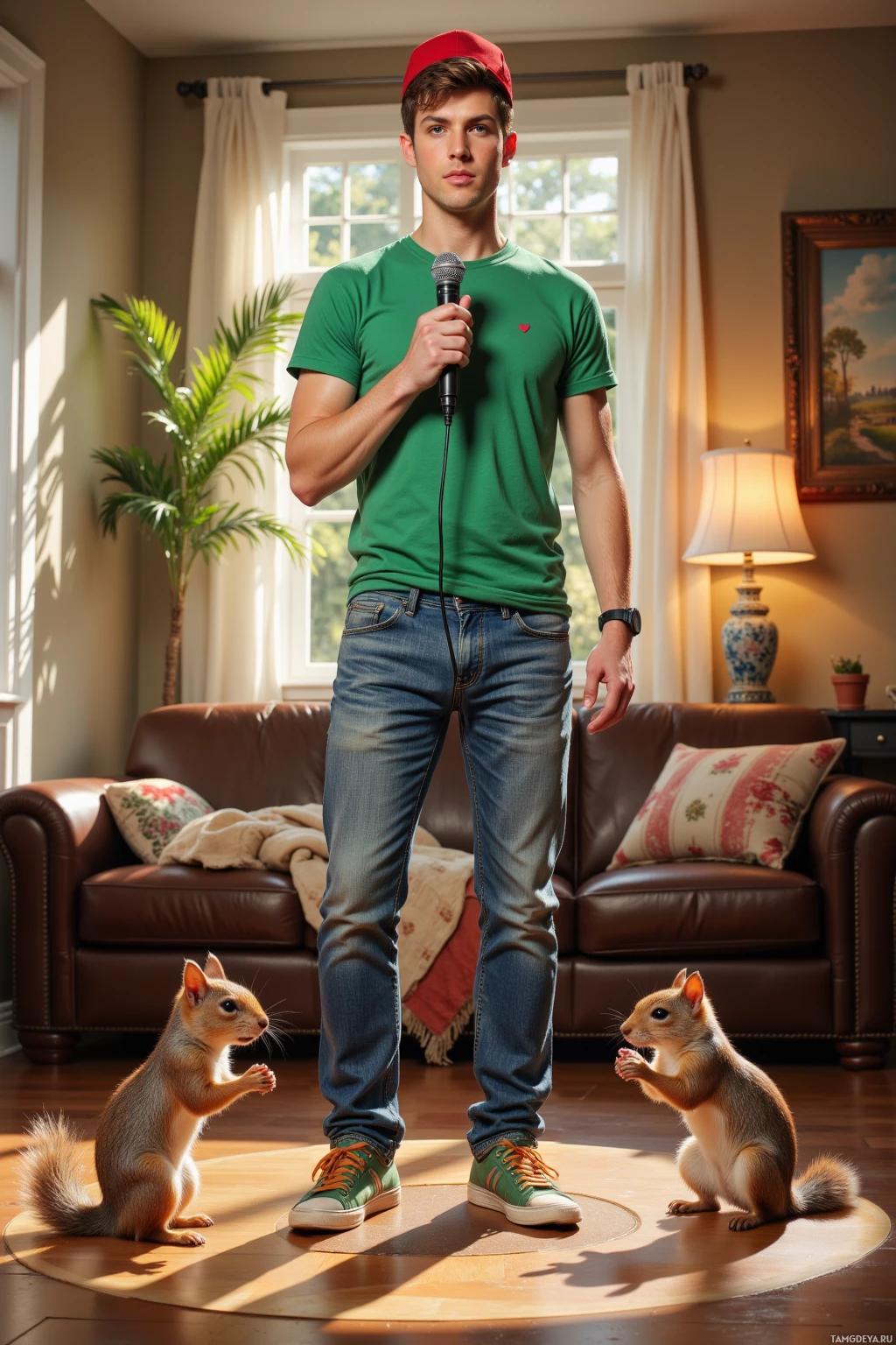 A man in a green shirt and jeans stands in a living room holding a microphone, with two squirrels on the floor beside him.