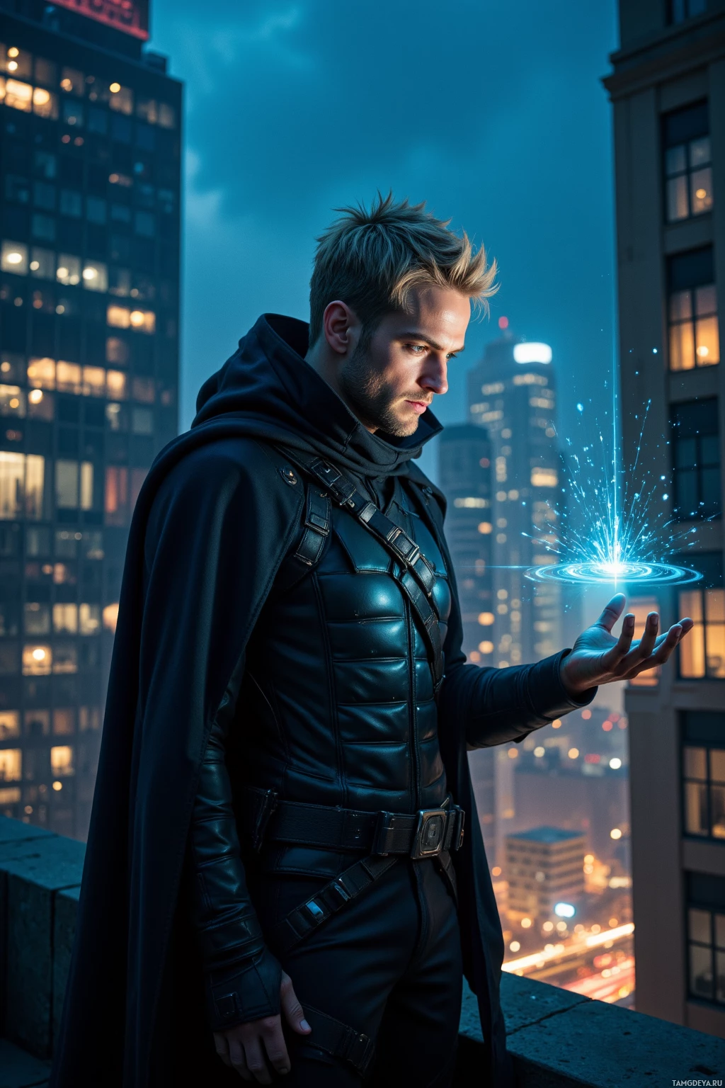 A man in a dark, futuristic outfit stands on a rooftop overlooking a cityscape at night, with a glowing blue energy effect emanating from his hand.