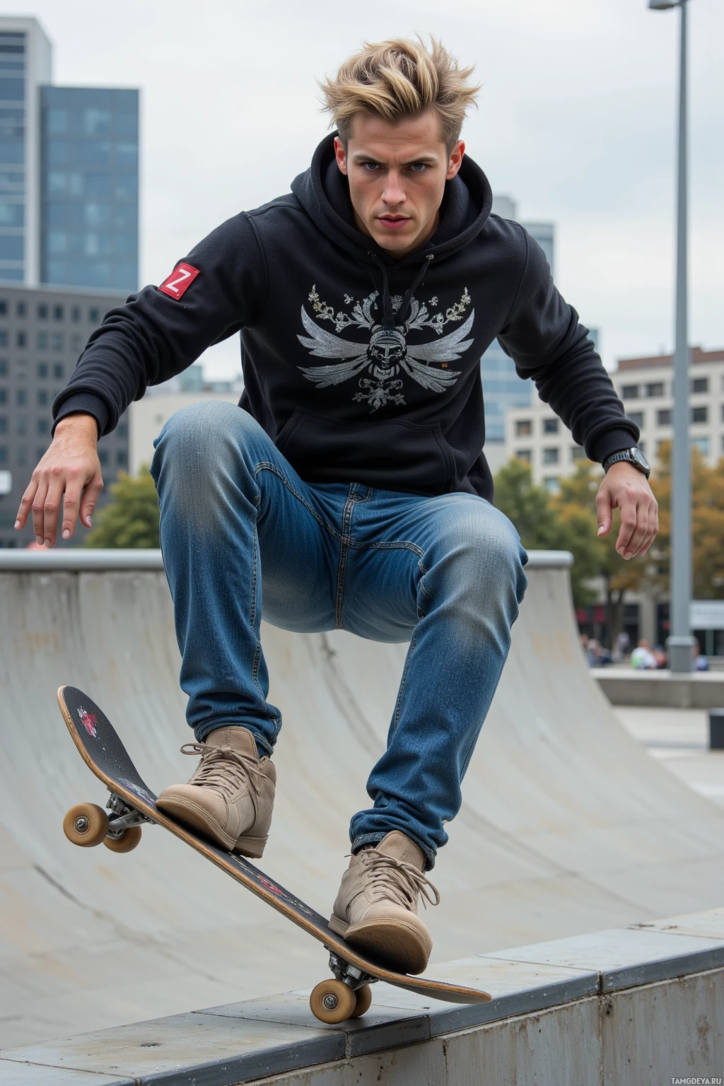 A skateboarder in a hoodie and jeans rides a skateboard on a concrete ledge.