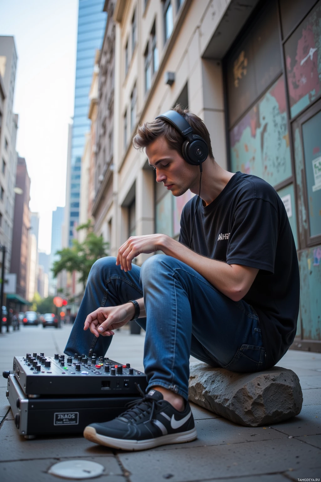 A person wearing headphones sits on a stone, operating a DJ mixer on the ground in an urban setting.