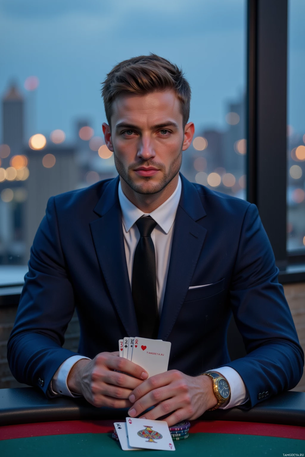 A man in a suit holds playing cards at a poker table with a cityscape in the background.