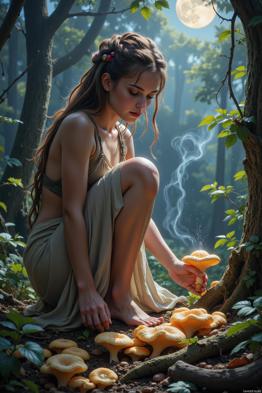 A woman kneels in a forest, holding a glowing mushroom.