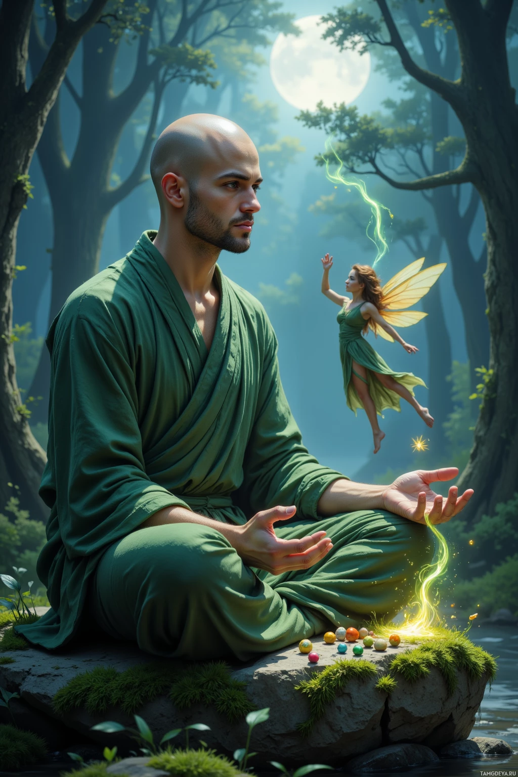 A man in green robes meditates on a rock in a serene forest, with a fairy flying nearby.