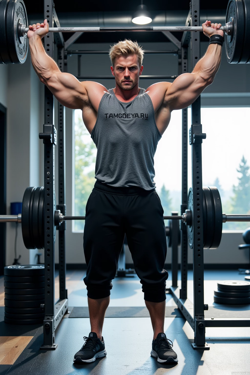 A muscular individual is lifting a barbell in a gym setting.
