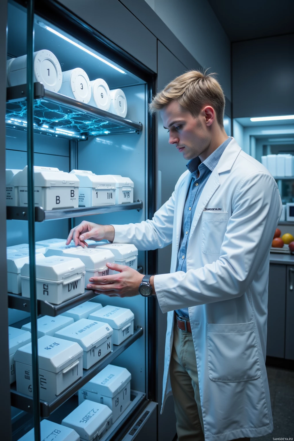A person in a lab coat is handling labeled containers in a refrigerator.