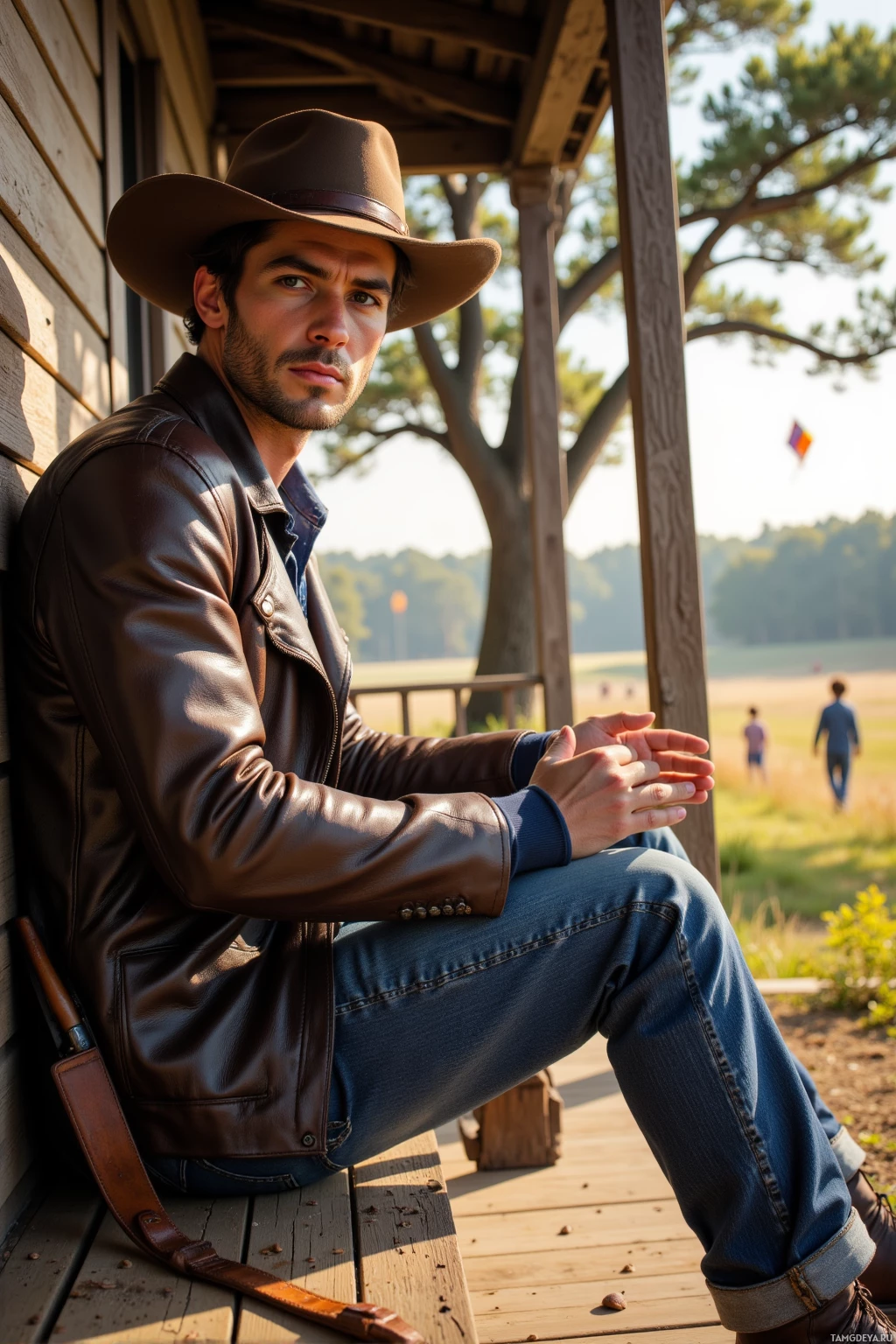 A man in a cowboy hat and leather jacket sits on a porch, gazing into the distance.