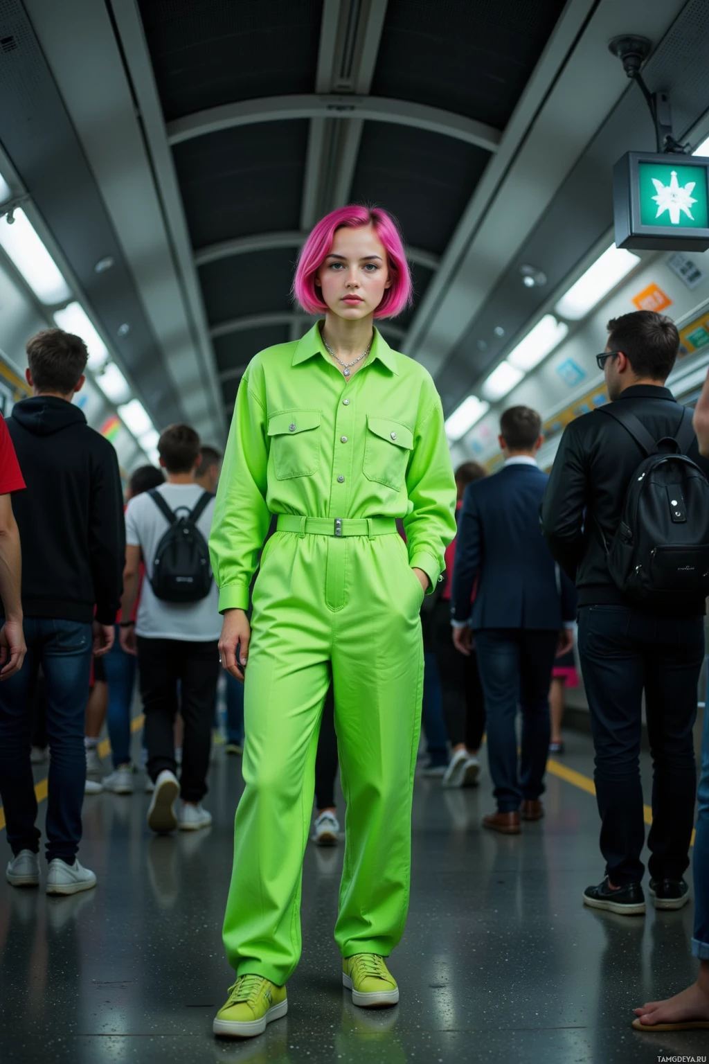 A person in a bright green jumpsuit stands in a subway station.